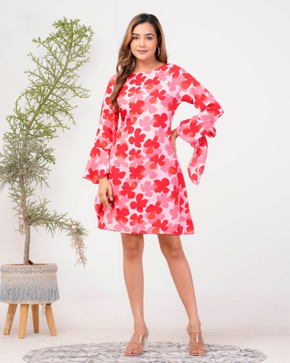 Red Poly crepe Floral Printed Dress For Women