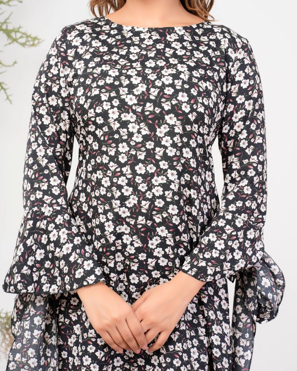 Black And White Floral Printed Casual Dress For Women