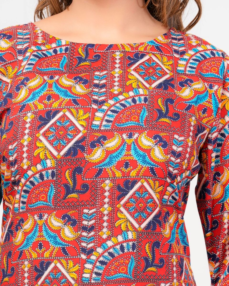 Jacobean Printed Maroon Poly Crepe Evening Party Dress For Women