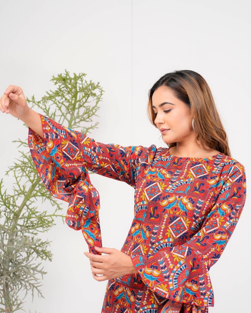 Jacobean Printed Maroon Poly Crepe Evening Party Dress For Women