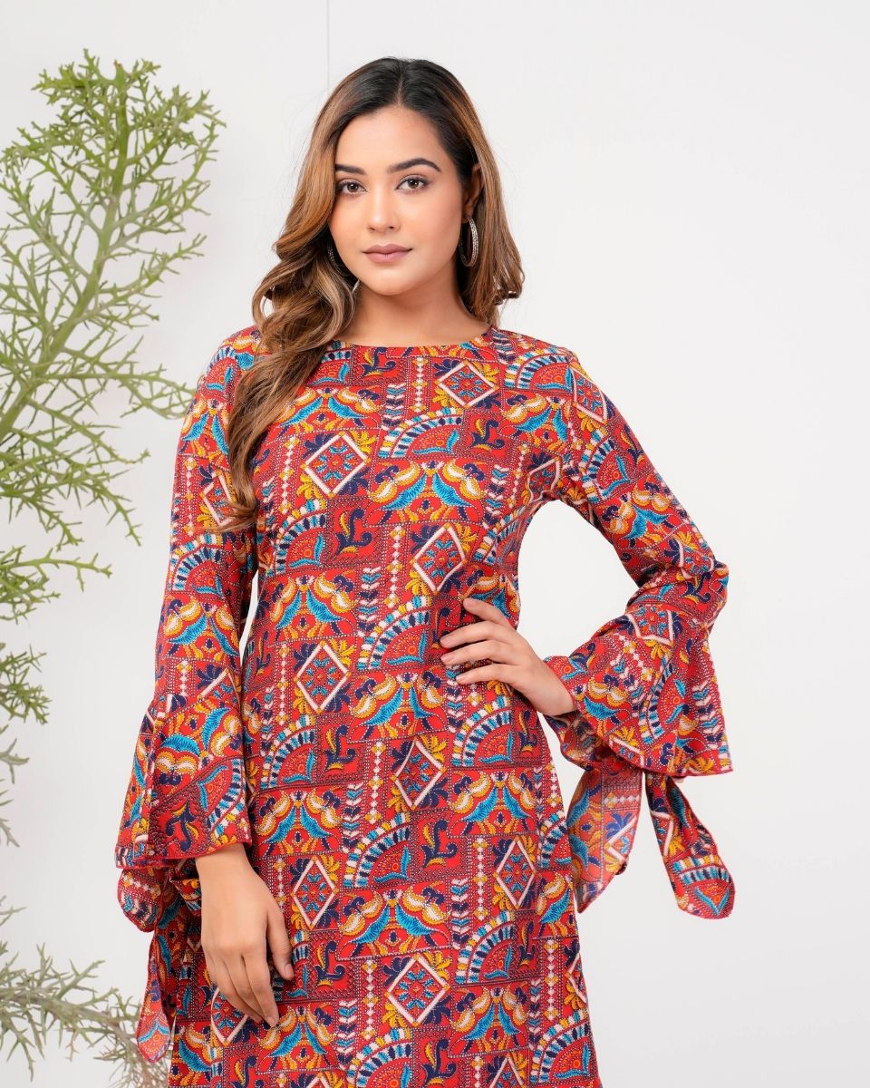 Jacobean Printed Maroon Poly Crepe Evening Party Dress For Women