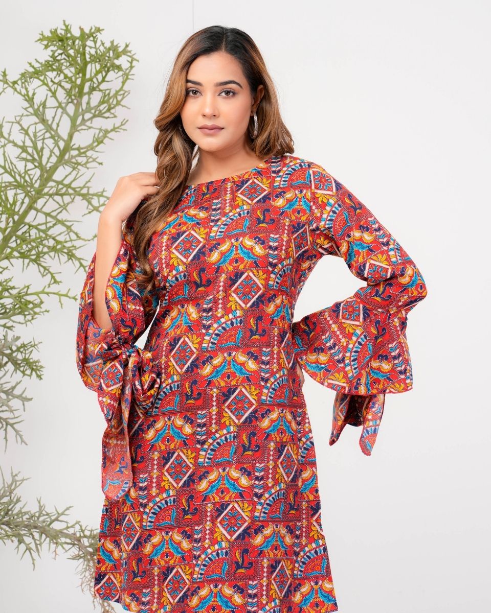 Jacobean Printed Maroon Poly Crepe Evening Party Dress For Women