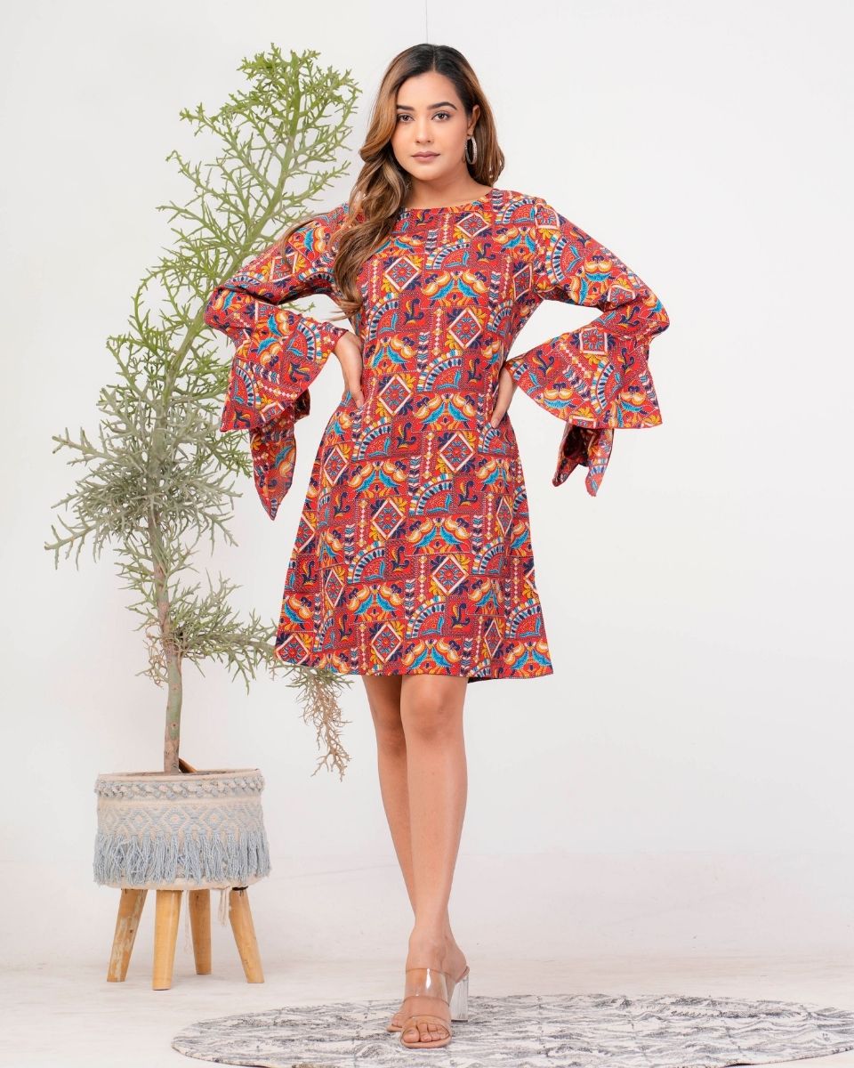 Jacobean Printed Maroon Poly Crepe Evening Party Dress For Women