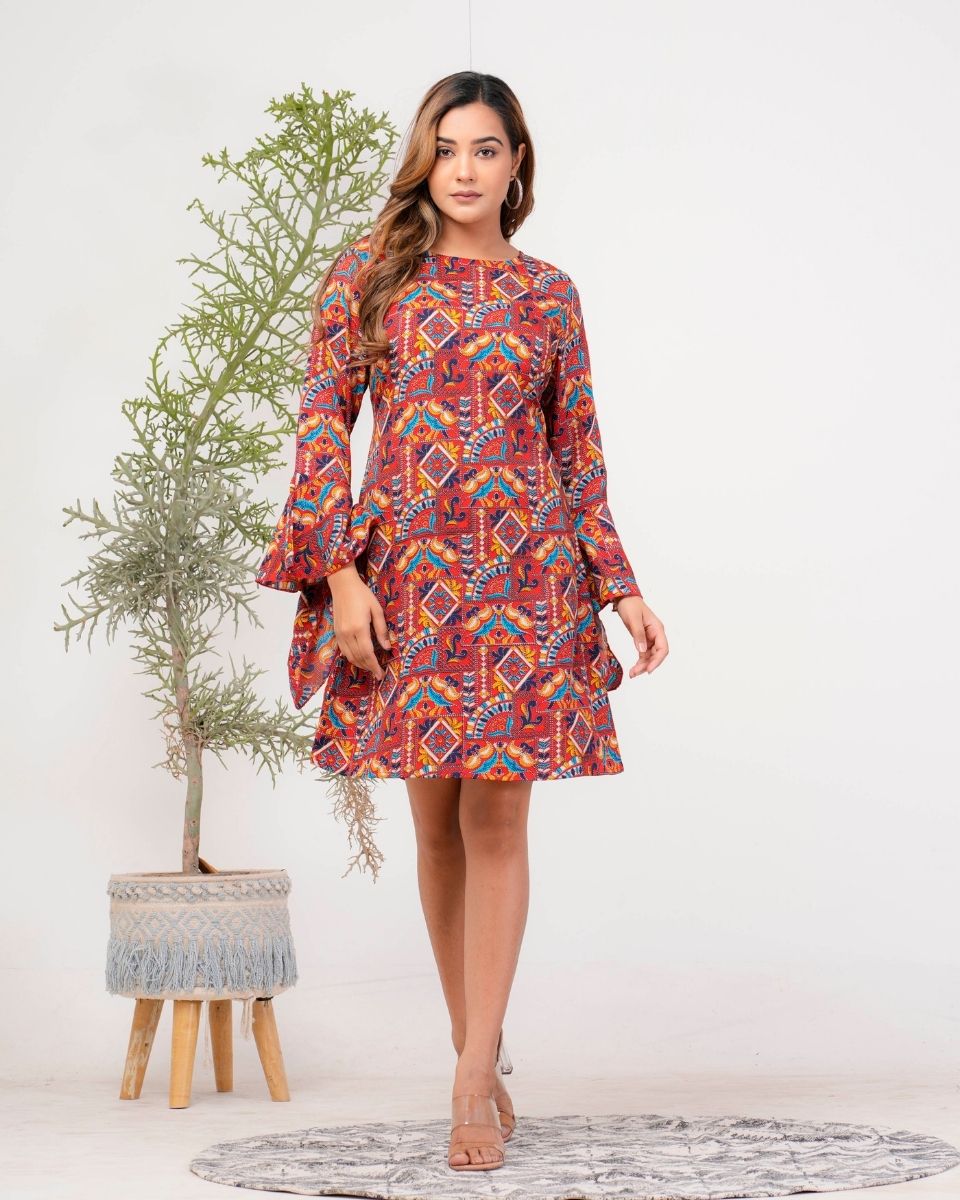 Jacobean Printed Maroon Poly Crepe Evening Party Dress For Women