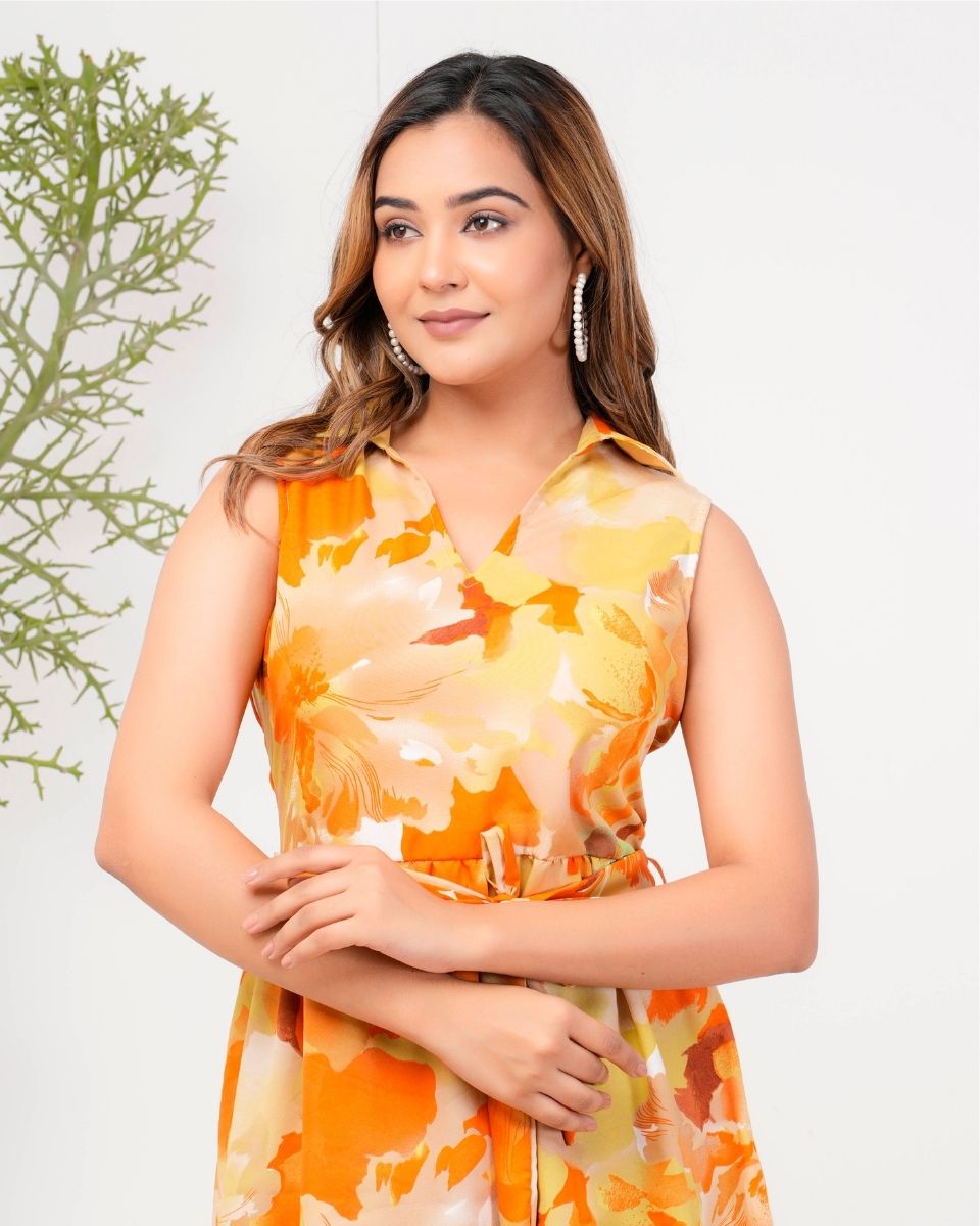 Orange Poly Crepe Floral Printed Midi Dress For Women With Drawstring
