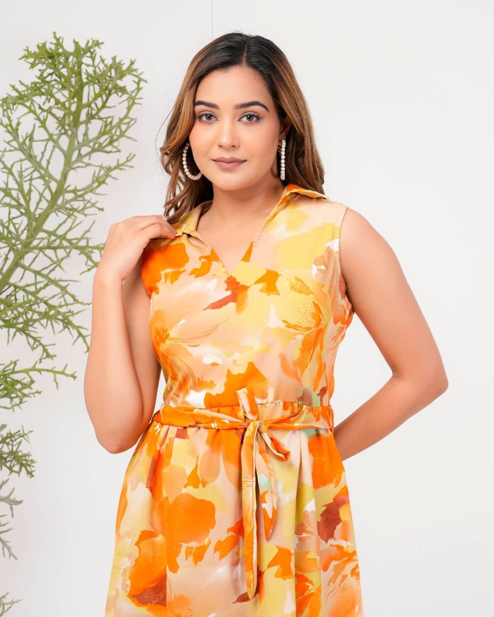 Orange Poly Crepe Floral Printed Midi Dress For Women With Drawstring