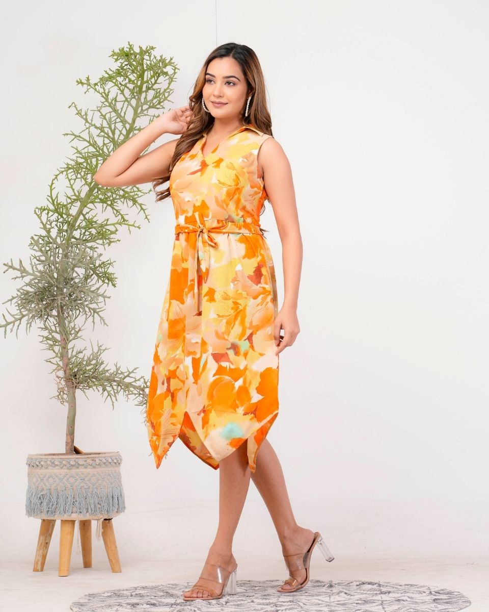 Orange Poly Crepe Floral Printed Midi Dress For Women With Drawstring