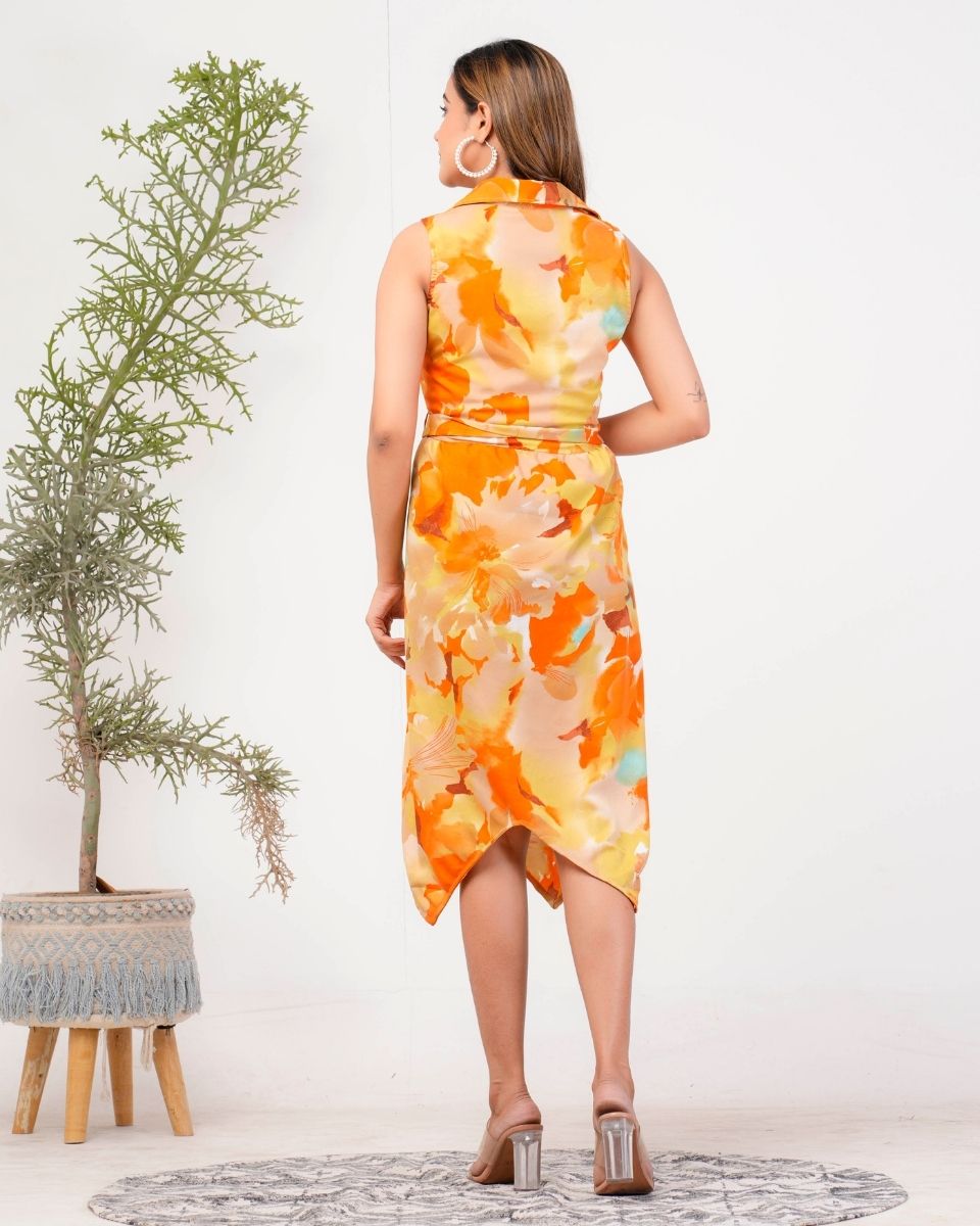 Orange Poly Crepe Floral Printed Midi Dress For Women With Drawstring