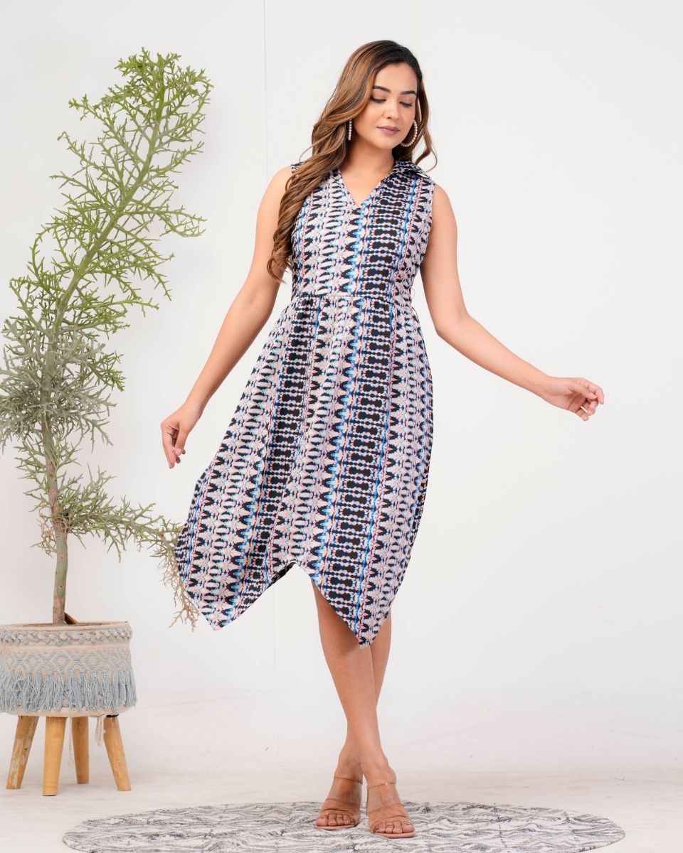Ikat Printed Gray Casual Midi Dress For Women