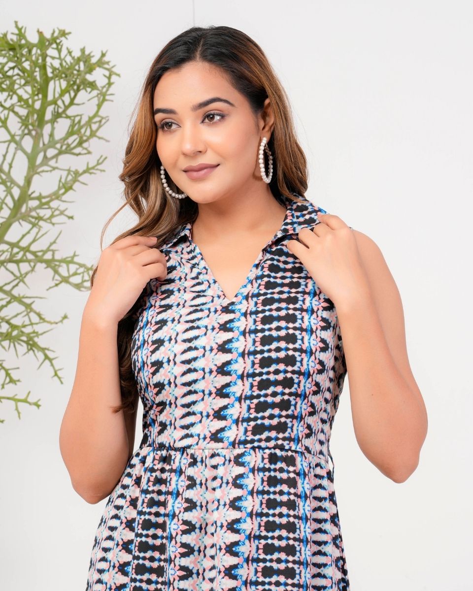 Ikat Printed Gray Casual Midi Dress For Women