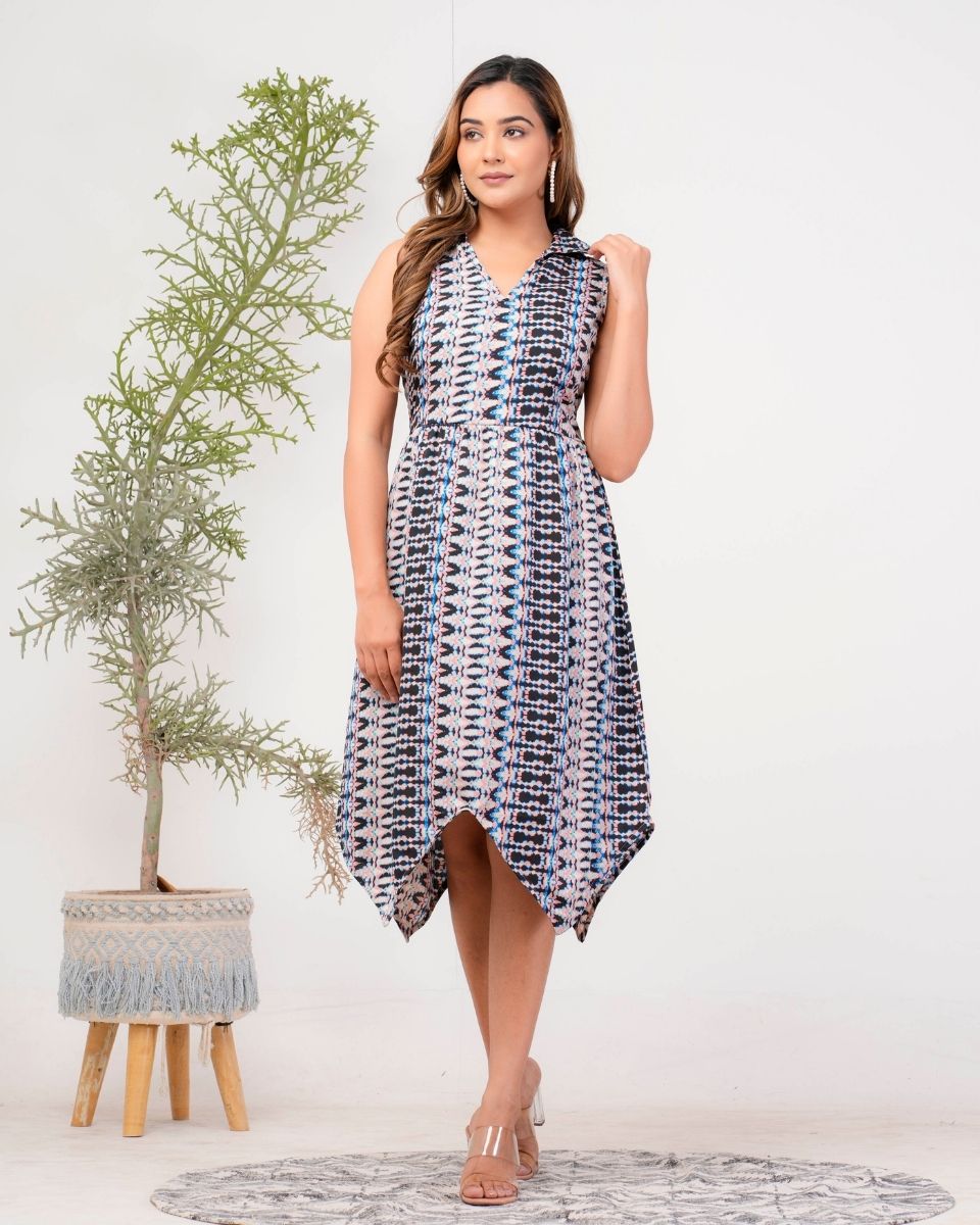 Ikat Printed Gray Casual Midi Dress For Women