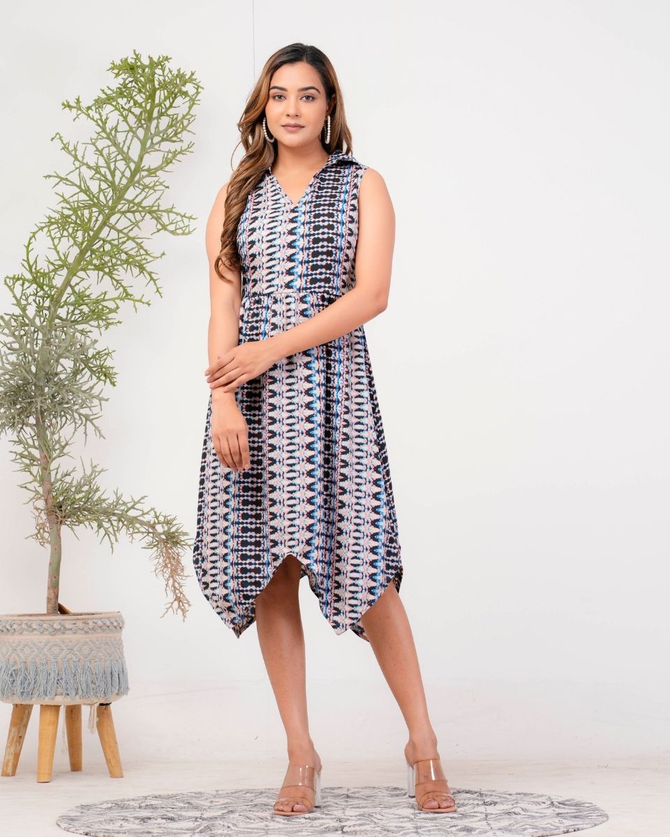 Ikat Printed Gray Casual Midi Dress For Women