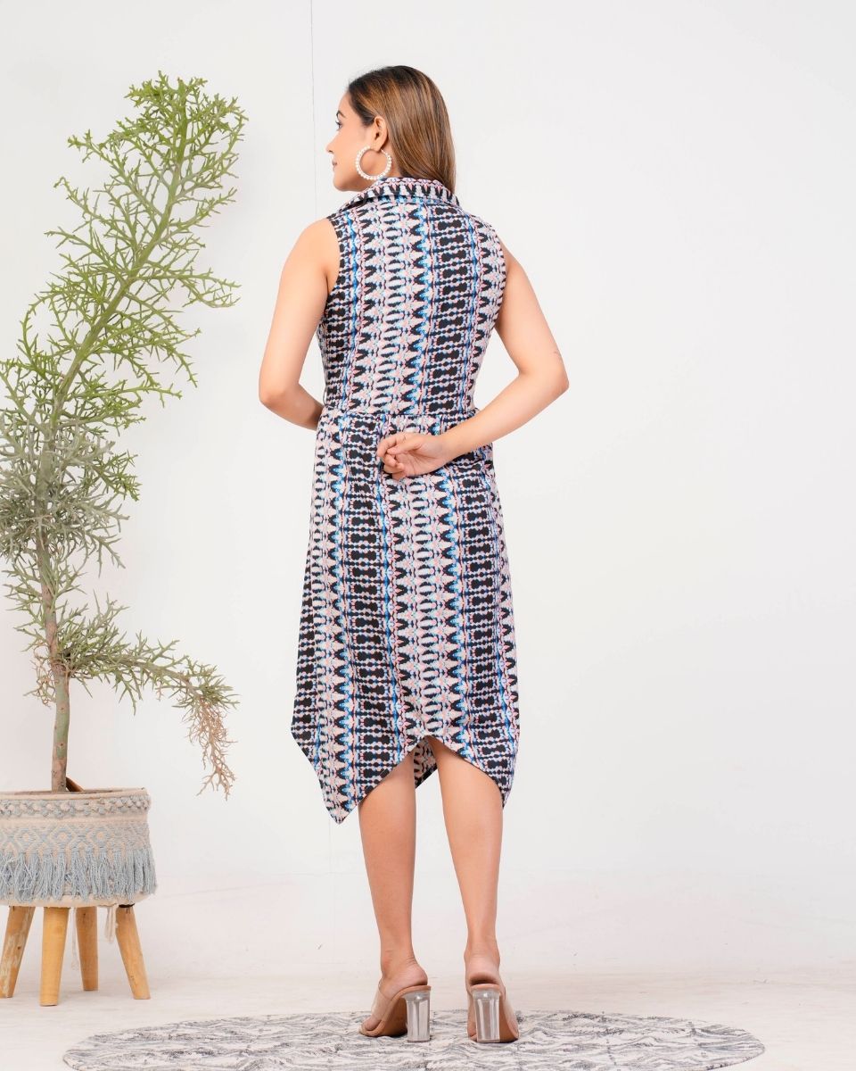 Ikat Printed Gray Casual Midi Dress For Women