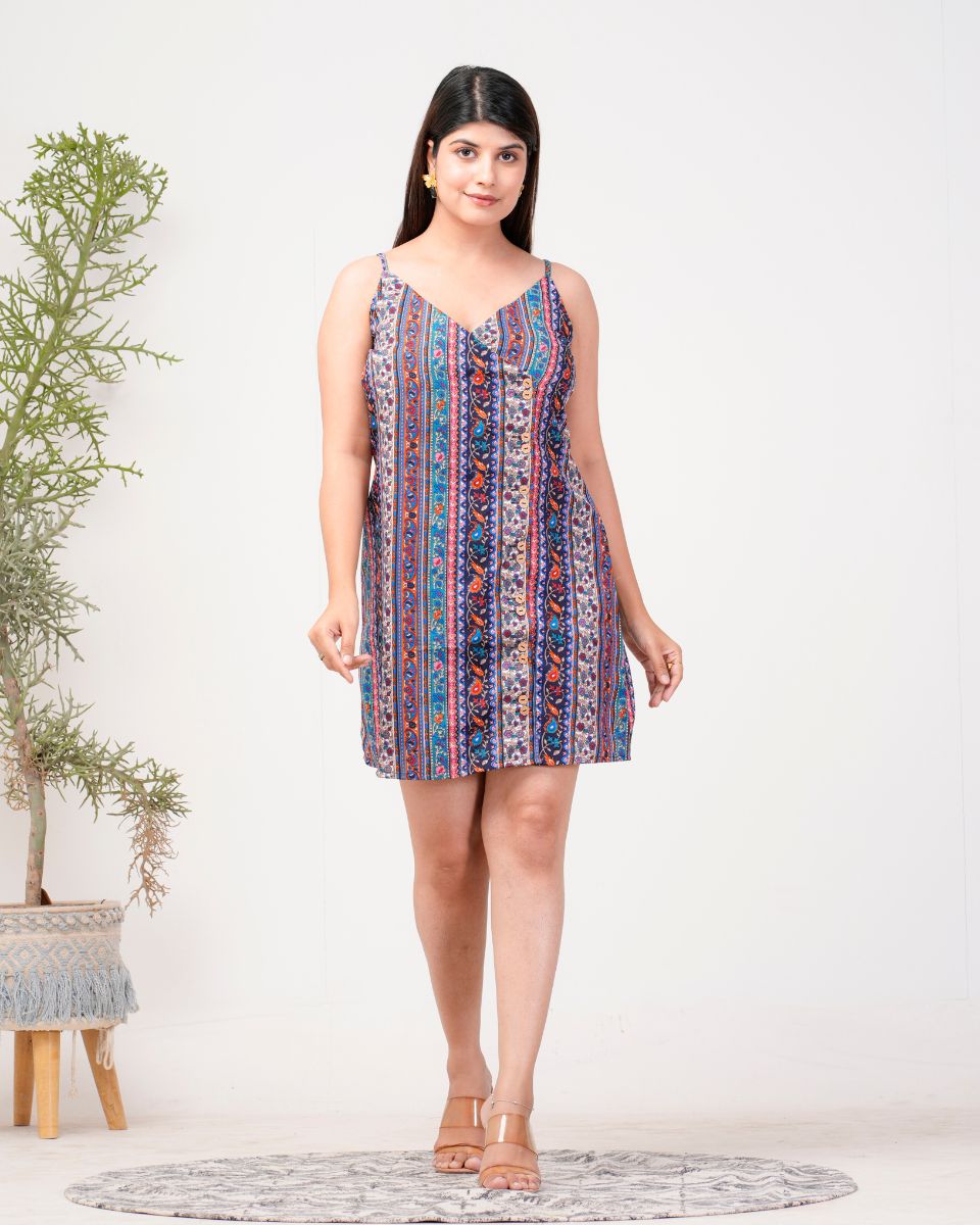 Blue Stripped Printed Cami Strap Casual Dress For Women