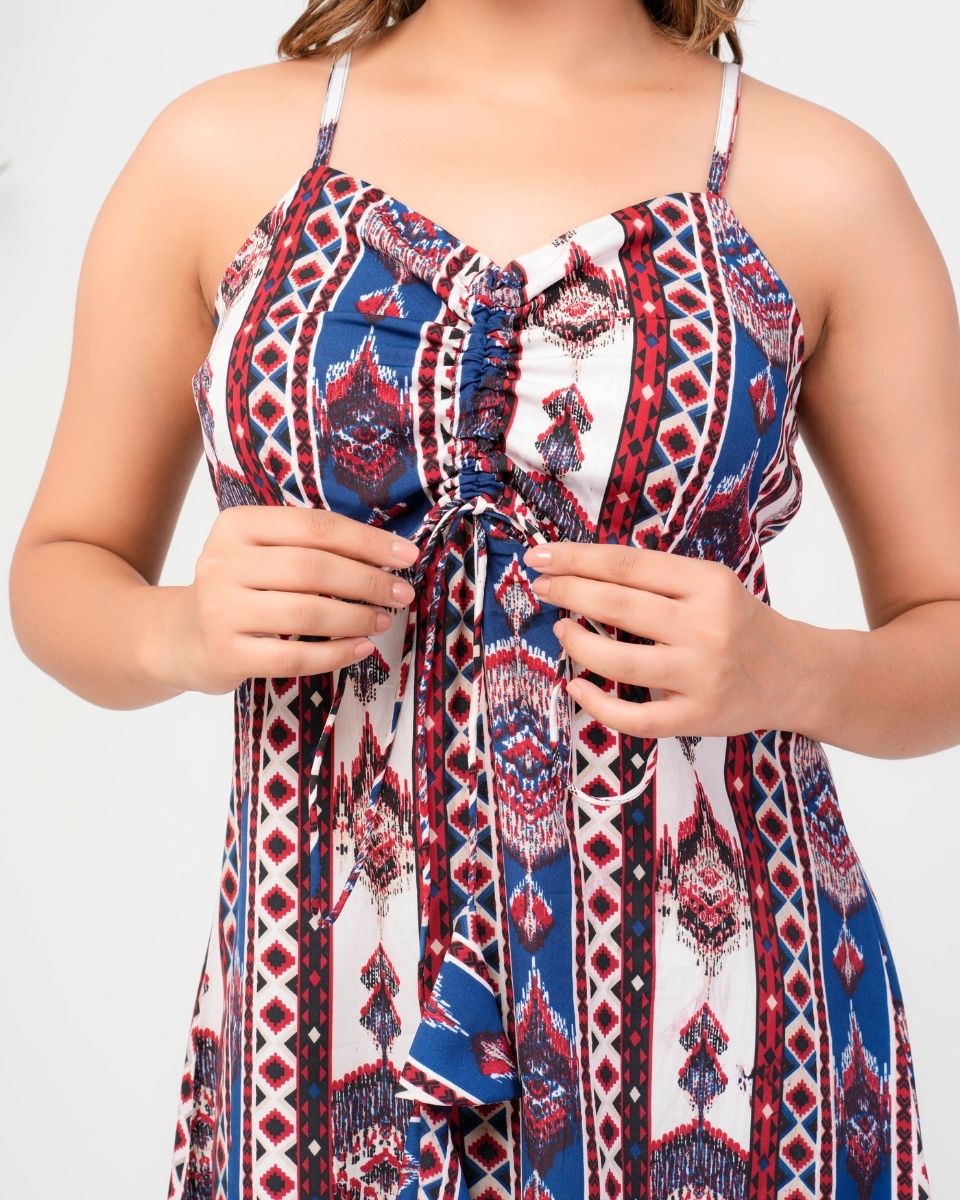 Ikat Blue Poly Crepe Elegant Midi Dress For Women