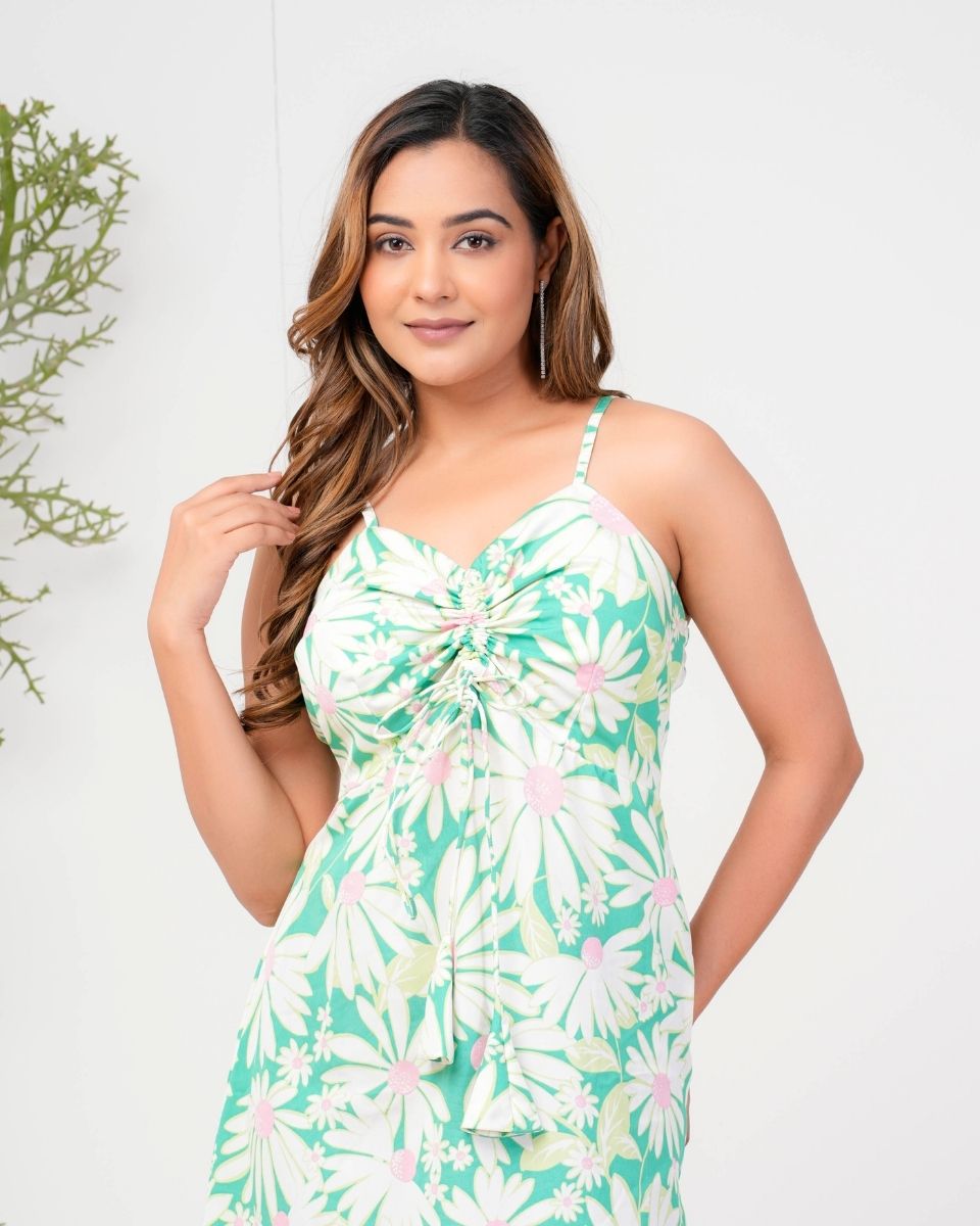 Green Floral Knee Length Dress For Women With Cami Straps