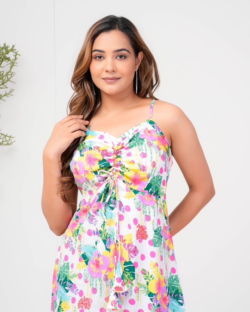 White Tropical Printed Poly Crepe Dress For Women
