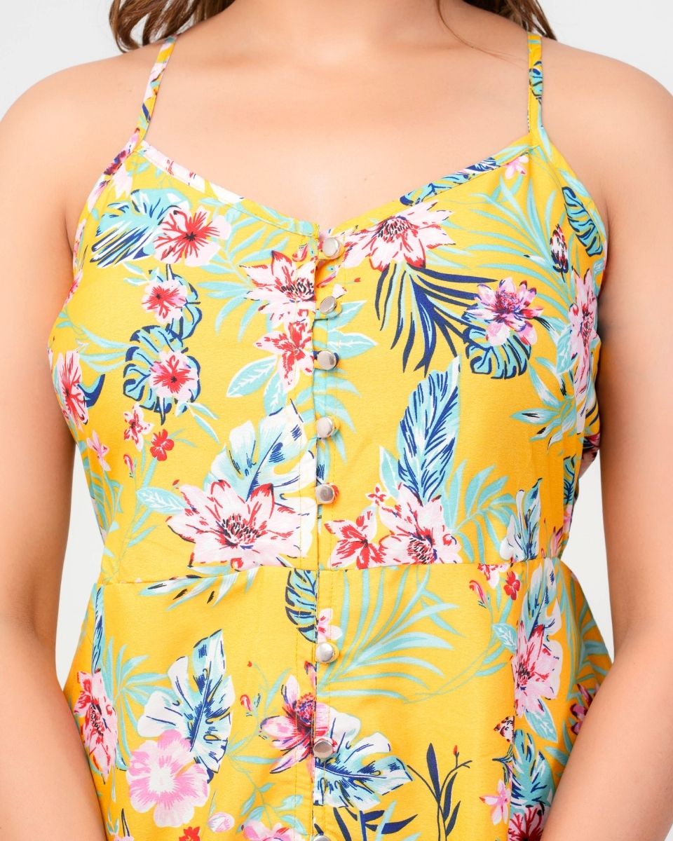 Yellow Floral Printed Women Midi Dress For Party
