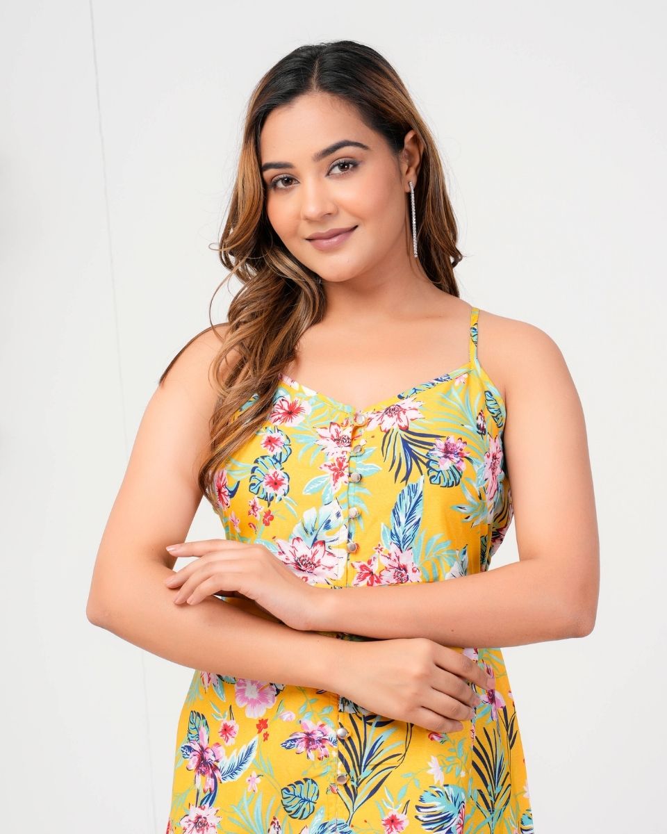 Yellow Floral Printed Women Midi Dress For Party