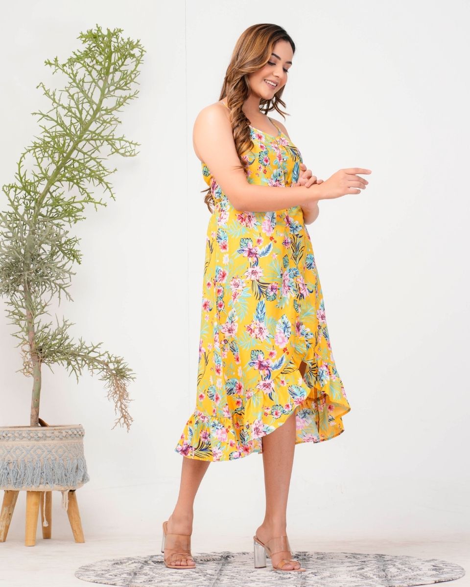 Yellow Floral Printed Women Midi Dress For Party