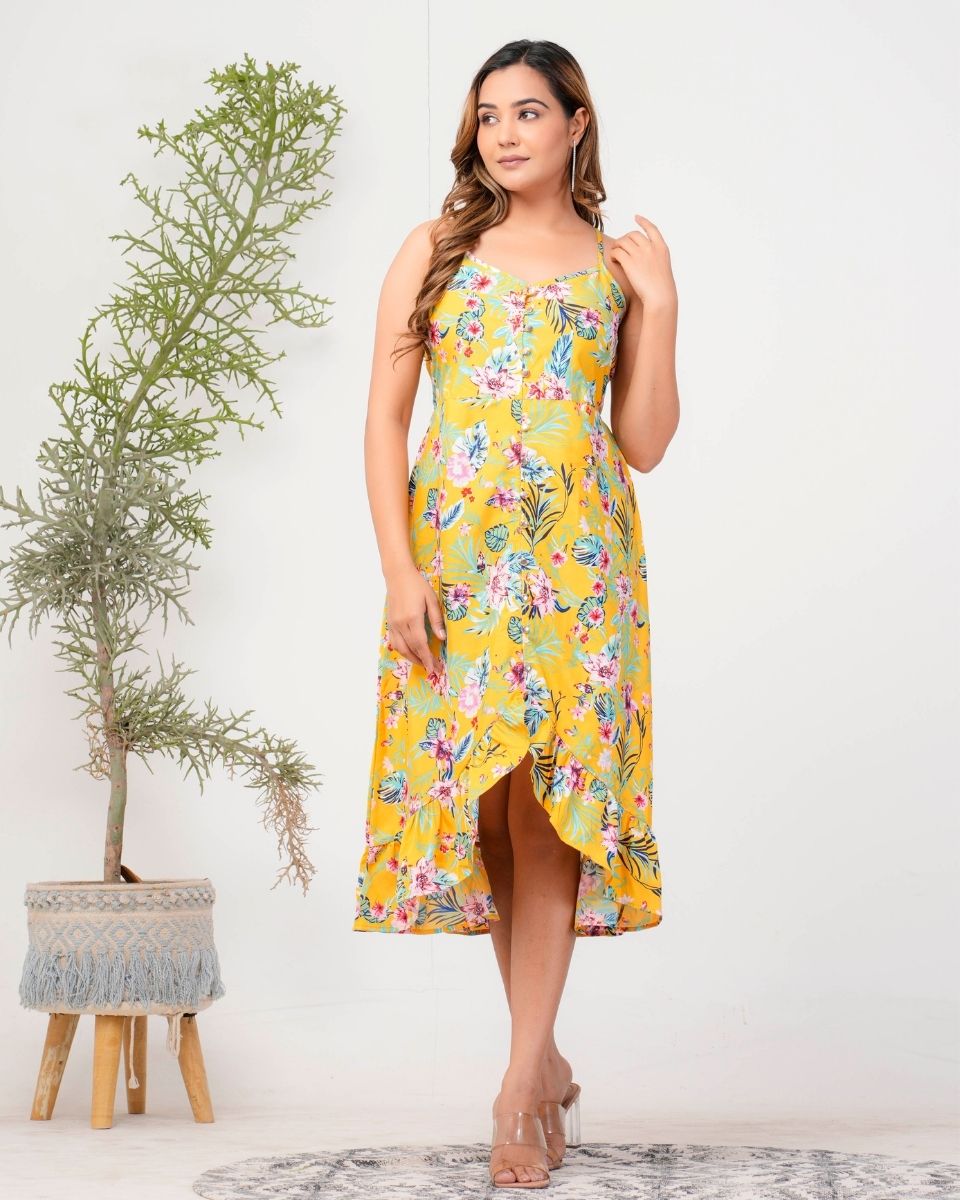 Yellow Floral Printed Women Midi Dress For Party