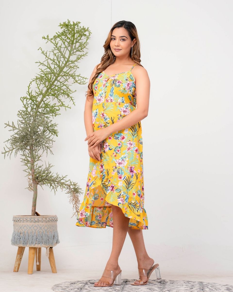 Yellow Floral Printed Women Midi Dress For Party
