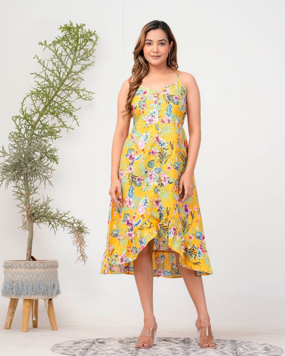 Yellow Floral Printed Women Midi Dress for Party XL
