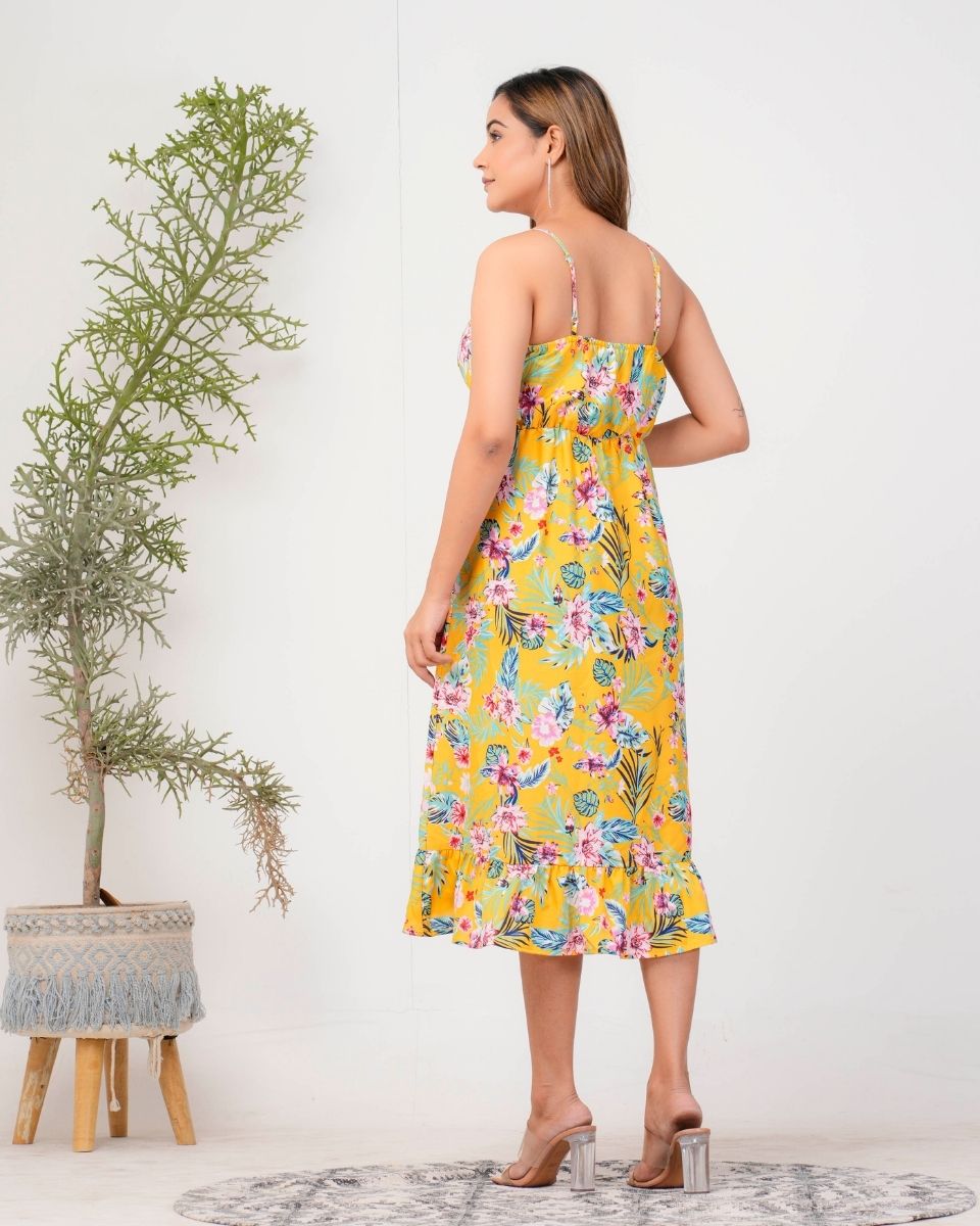 Yellow Floral Printed Women Midi Dress For Party