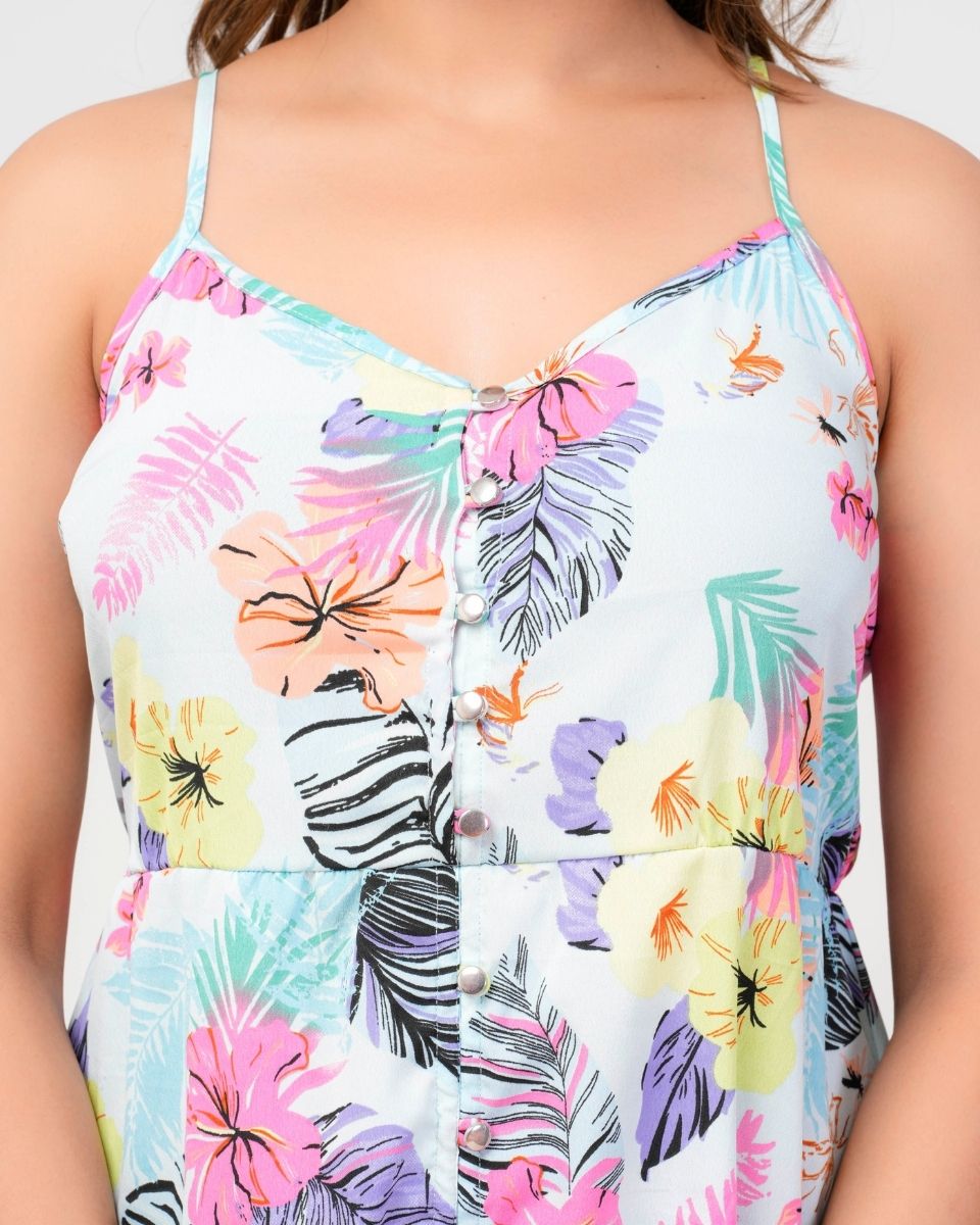 Tropical Printed Sky Blue Women Midi Dress