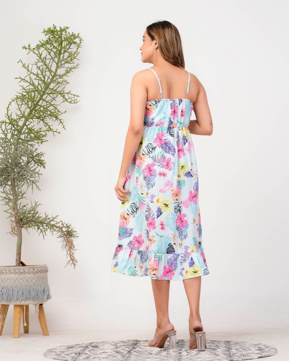 Tropical Printed Sky Blue Women Midi Dress