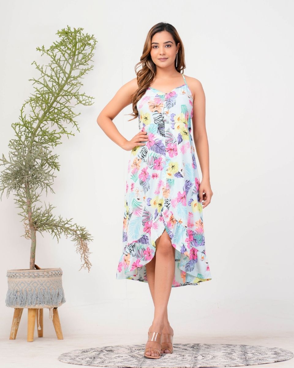 Tropical Printed Sky Blue Women Midi Dress