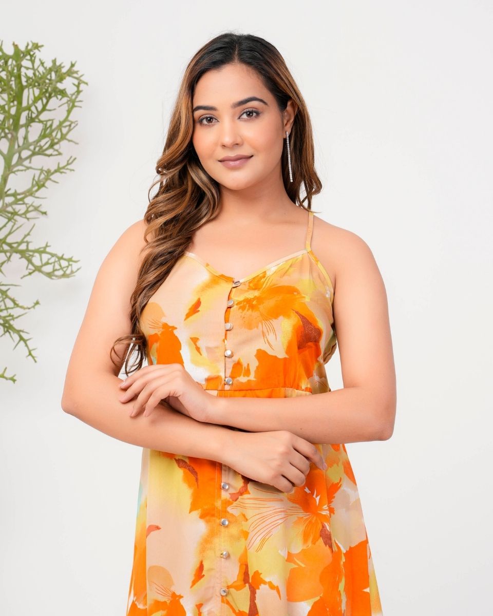 Floral Printed Yellow Poly Crepe Dress For Women