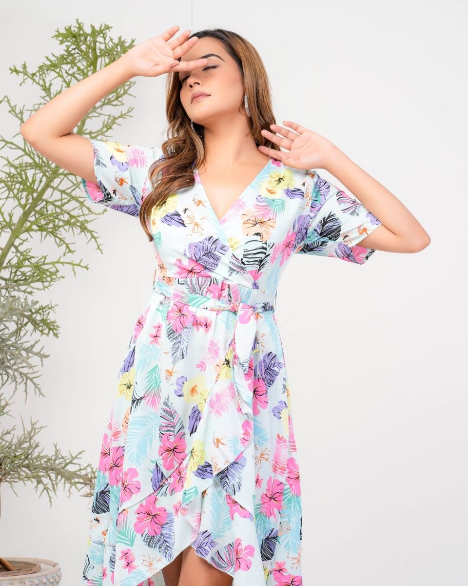 Sky Blue Tropical Printed Holiday Midi Dress For Women