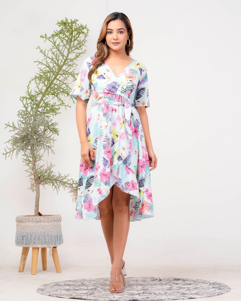 Sky Blue Tropical Printed Holiday Midi Dress For Women