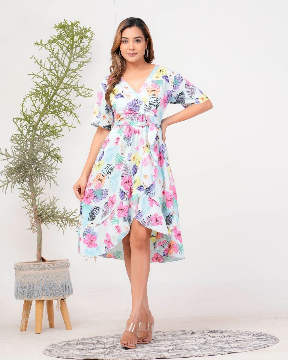 Sky Blue Tropical Printed Holiday Midi Dress For Women