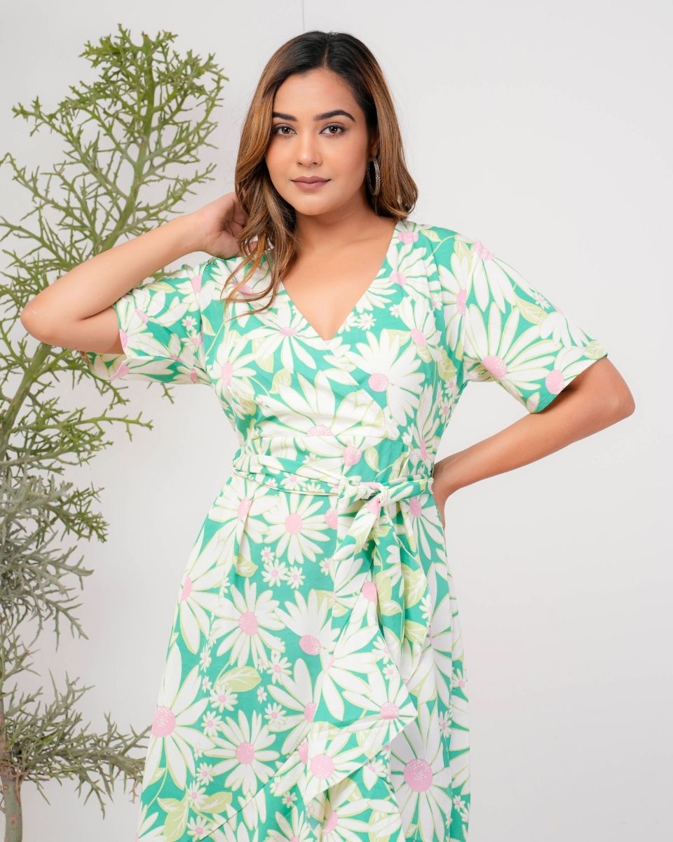 Floral Green Knee Length Dress For Women