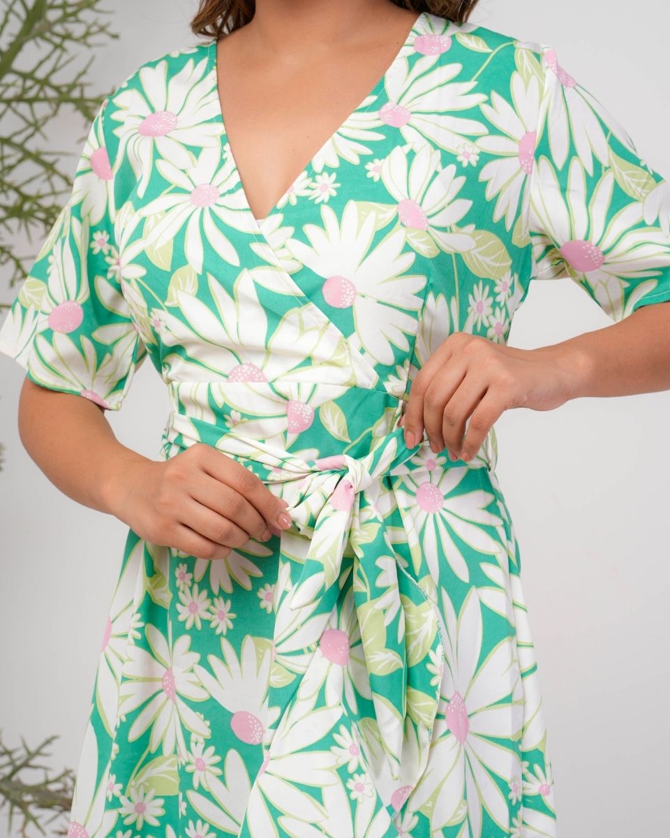 Floral Green Knee Length Dress For Women