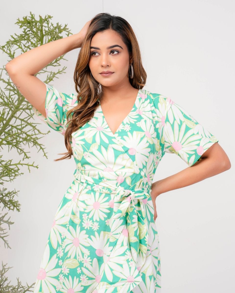 Floral Green Knee Length Dress For Women