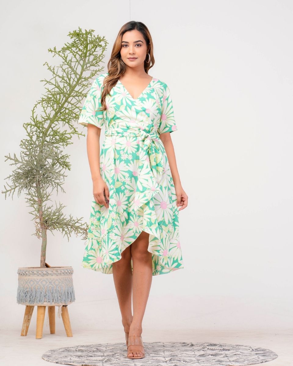 Floral Green Knee Length Dress For Women