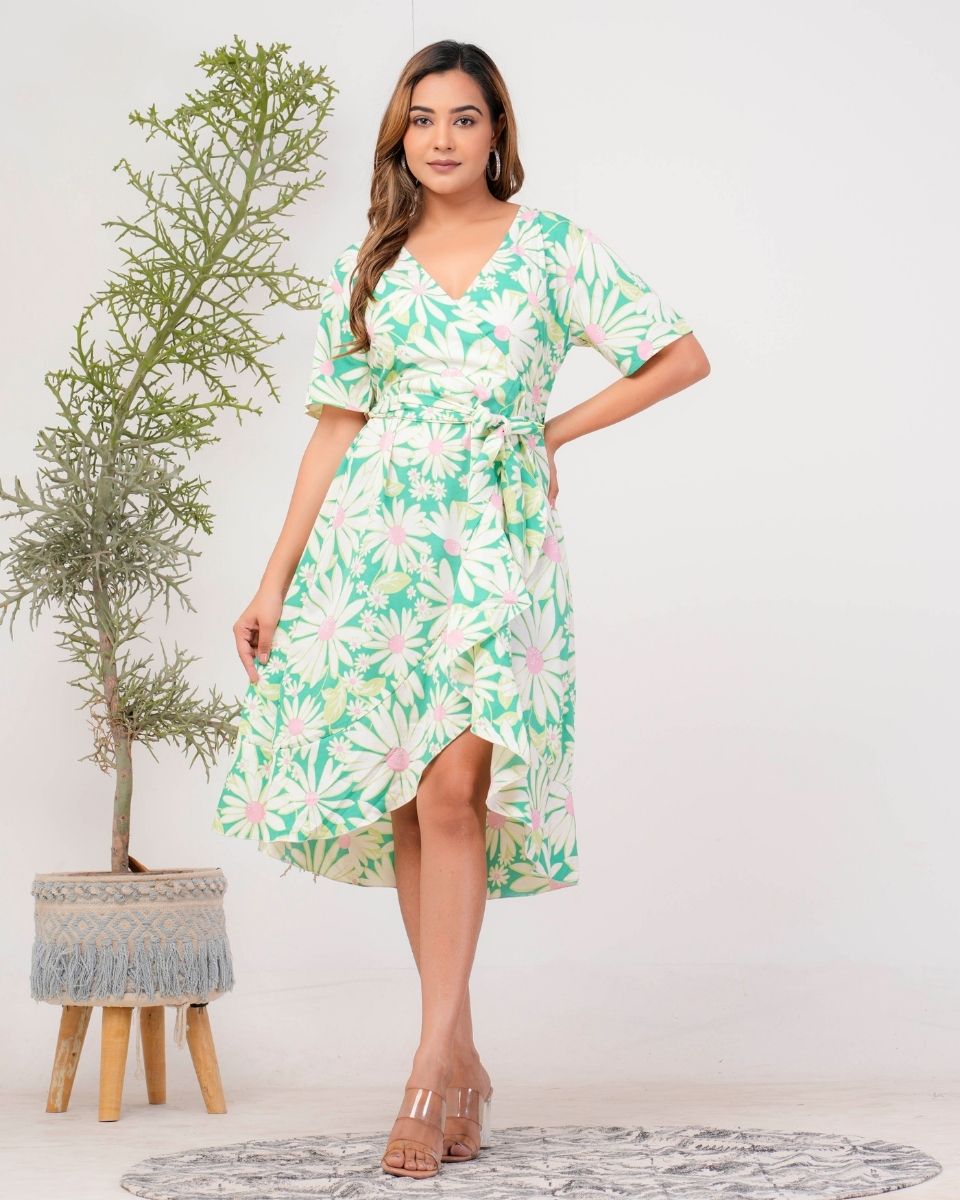 Floral Green Knee Length Dress For Women