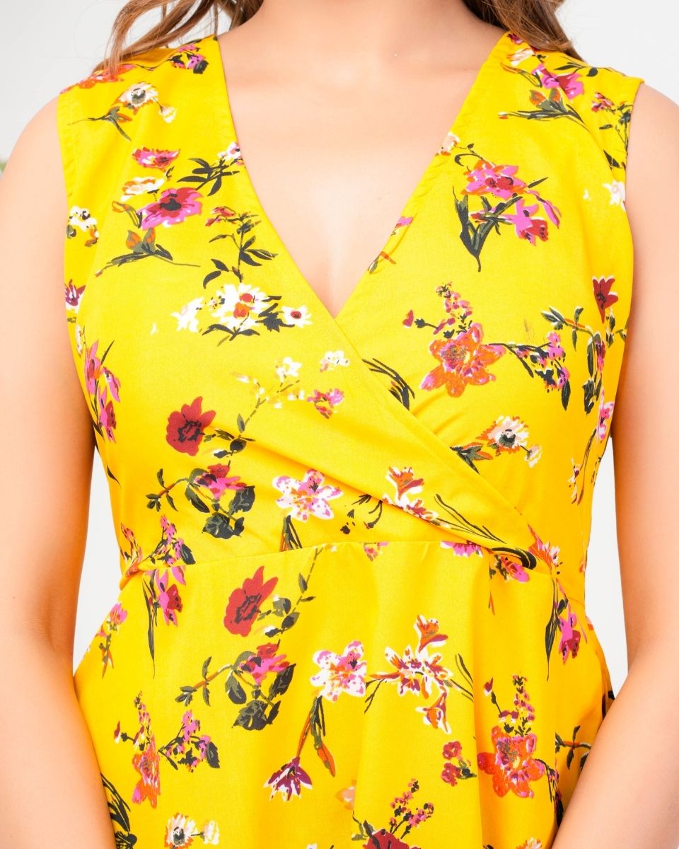 Yellow Floral Midi Dress Knee Length For Women