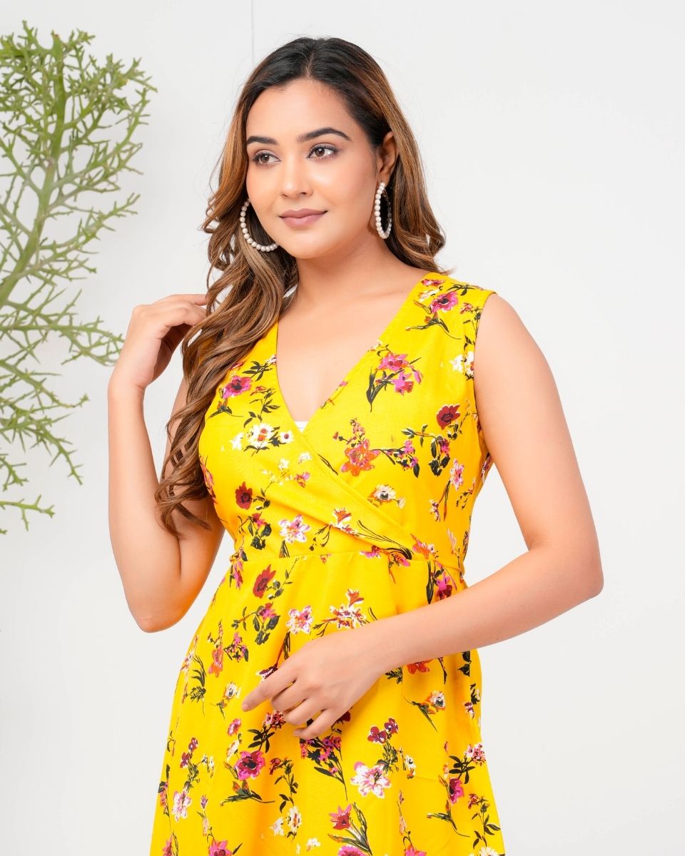 Yellow Floral Midi Dress Knee Length For Women