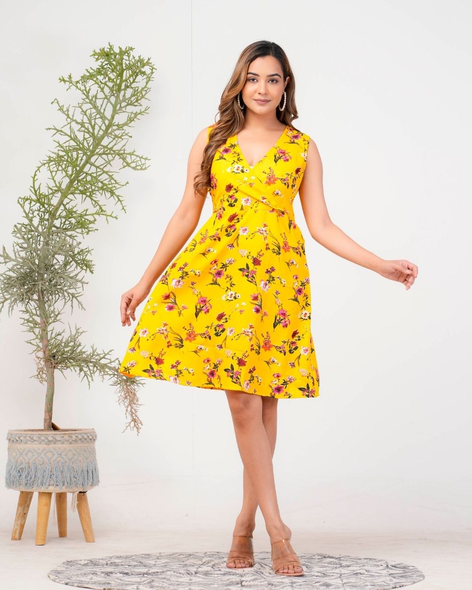 Yellow Floral Midi Dress Knee Length For Women