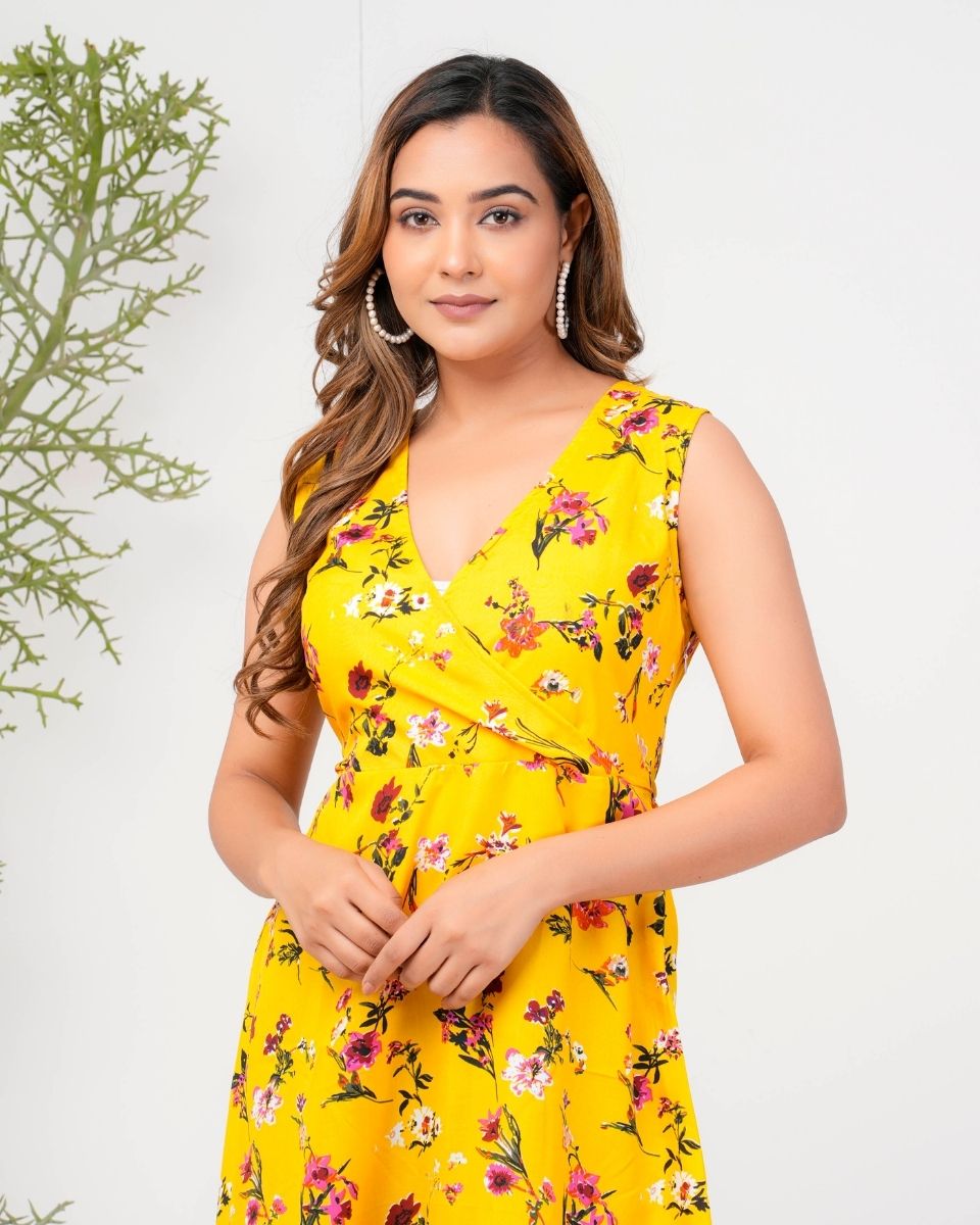 Yellow Floral Midi Dress Knee Length For Women