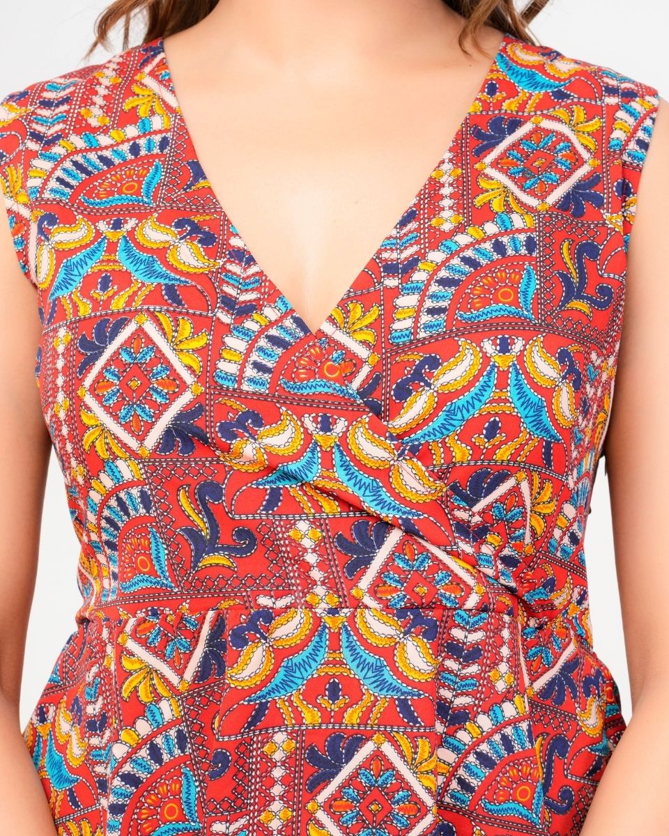 Jacobean Printed Maroon Poly Crepe Dress For Women