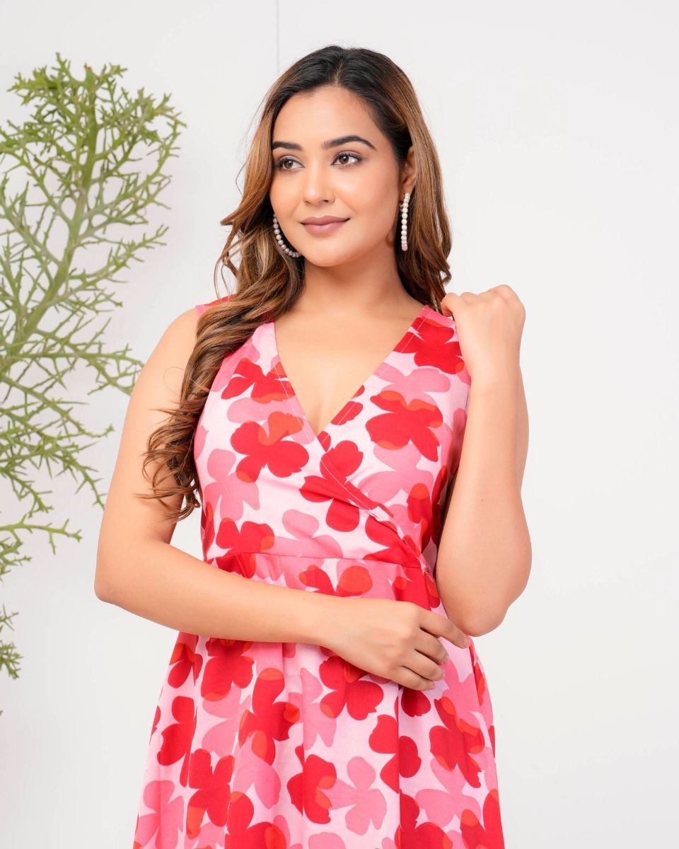 Red Cloverleaf Printed Poly Crepe Mini Dress For Women