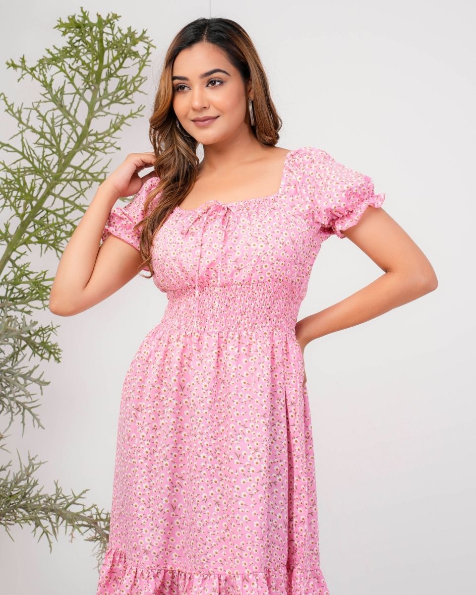 Floral Pink Square Neck Women Midi Dress For Party