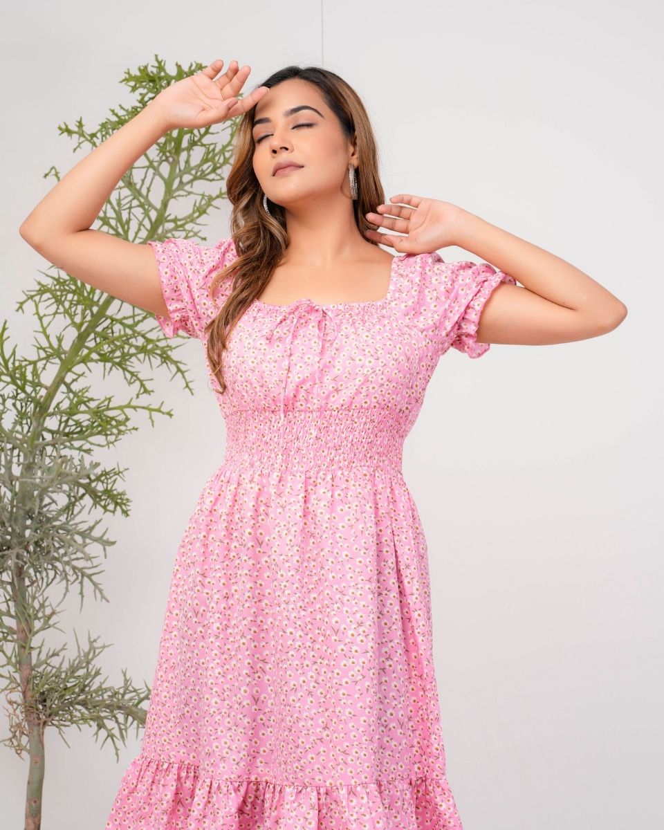 Floral Pink Square Neck Women Midi Dress For Party