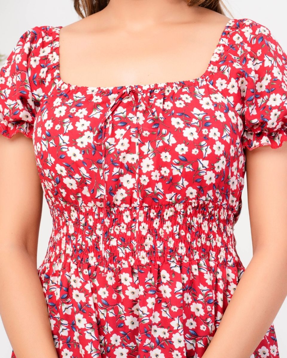 Pink Floral Printed Poly Crepe Midi Dress For Women