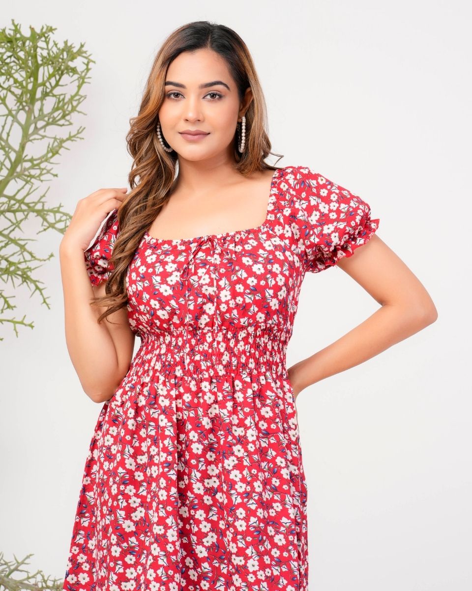 Pink Floral Printed Poly Crepe Midi Dress For Women